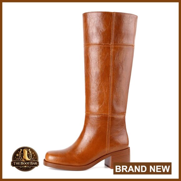 Knee High Boots Square Toe Chunky Block Heel Pull On Comfortable Low Heel